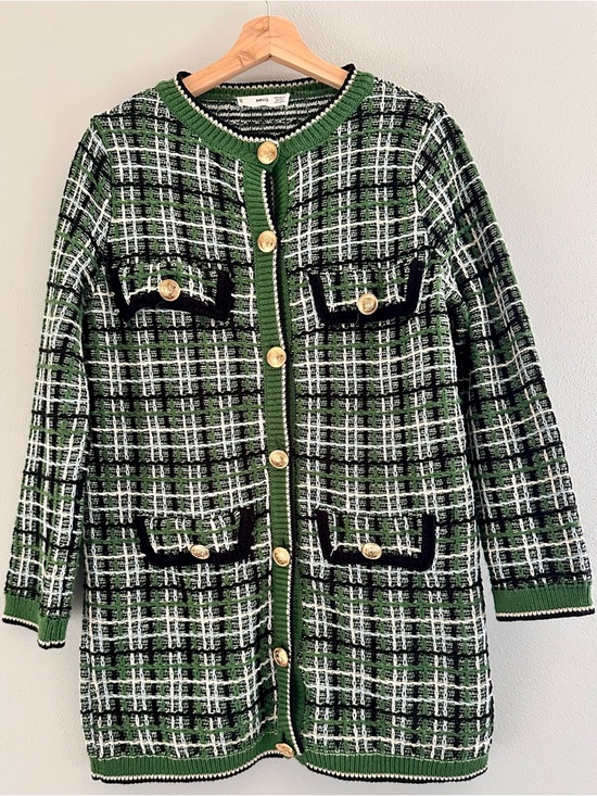 Mango Sweaters - Mango Green Plaid Tweed Cardigan Blazer with Gold Buttons